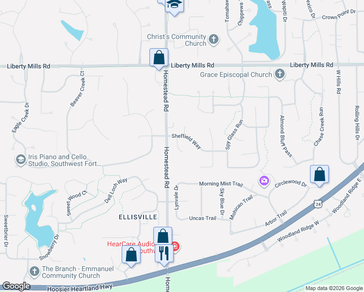 map of restaurants, bars, coffee shops, grocery stores, and more near 6331 Dirwood Court in Fort Wayne