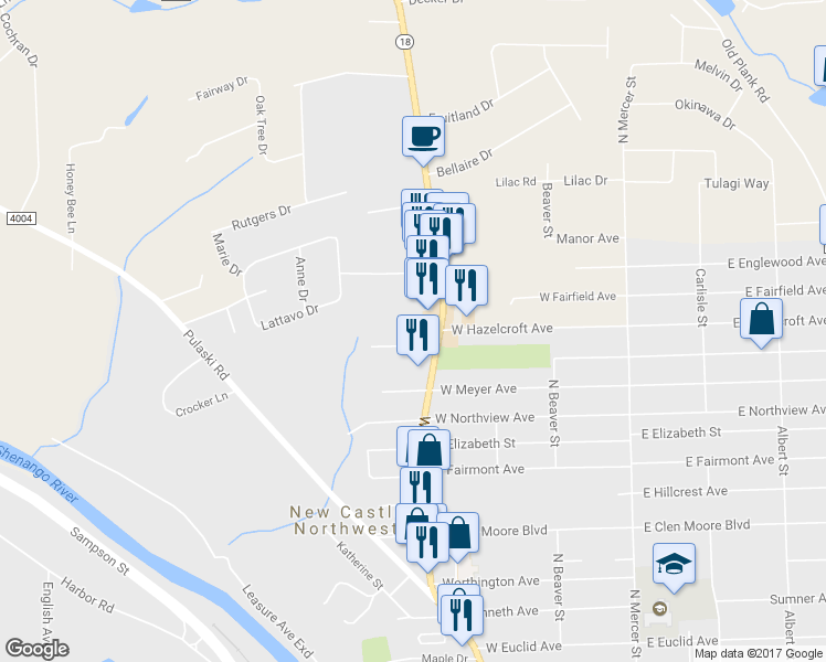 map of restaurants, bars, coffee shops, grocery stores, and more near 302 Orlando Avenue in New Castle
