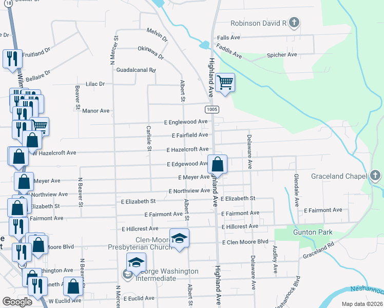 map of restaurants, bars, coffee shops, grocery stores, and more near 309 East Edgewood Avenue in New Castle