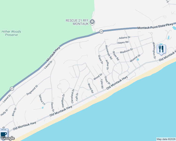 map of restaurants, bars, coffee shops, grocery stores, and more near 63 Taft Drive in Montauk