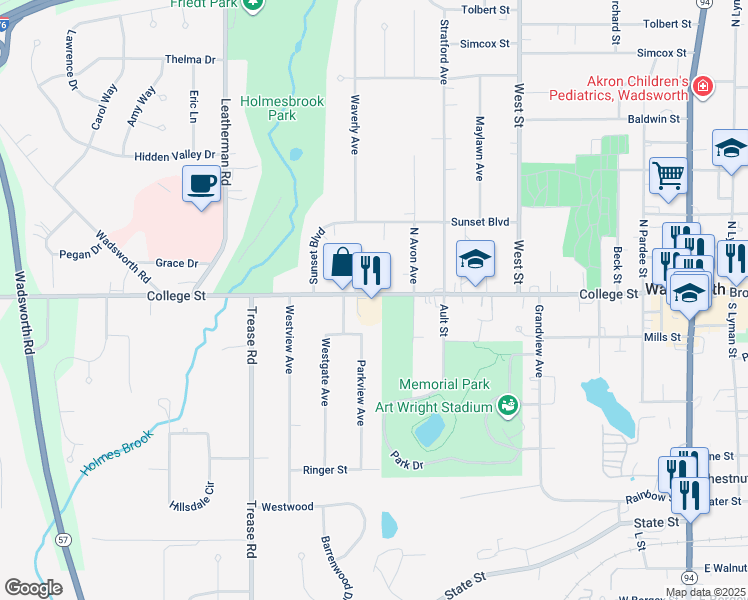 map of restaurants, bars, coffee shops, grocery stores, and more near 469 College Street in Wadsworth