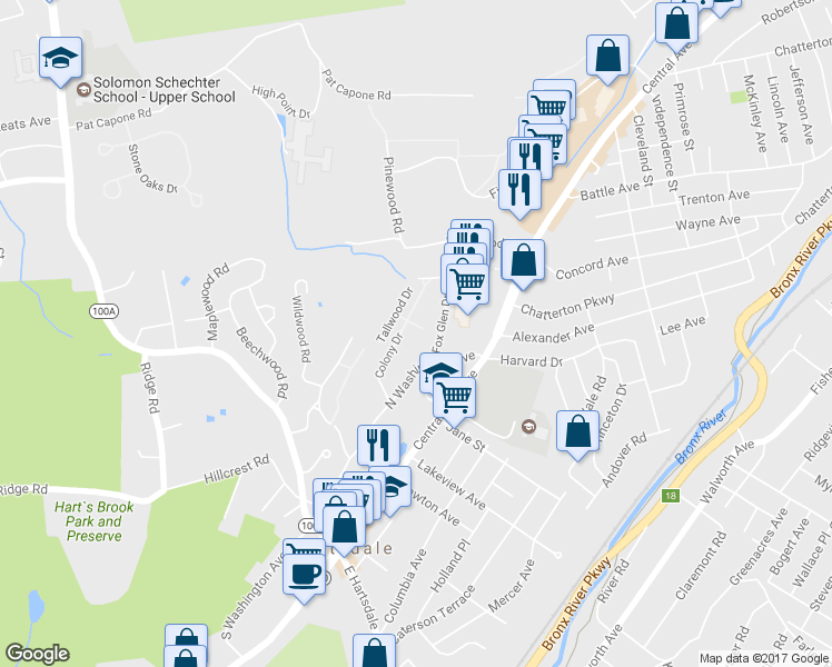 map of restaurants, bars, coffee shops, grocery stores, and more near 723 Colony Drive in Hartsdale