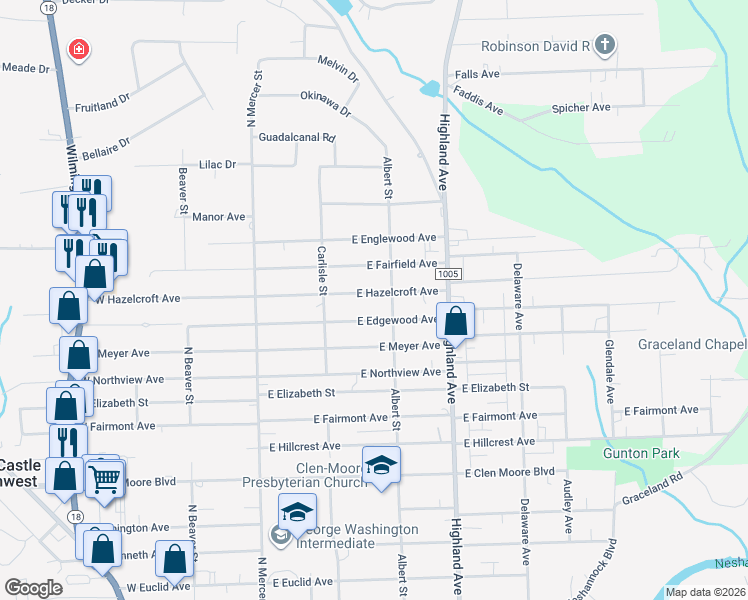 map of restaurants, bars, coffee shops, grocery stores, and more near 230 East Hazelcroft Avenue in New Castle