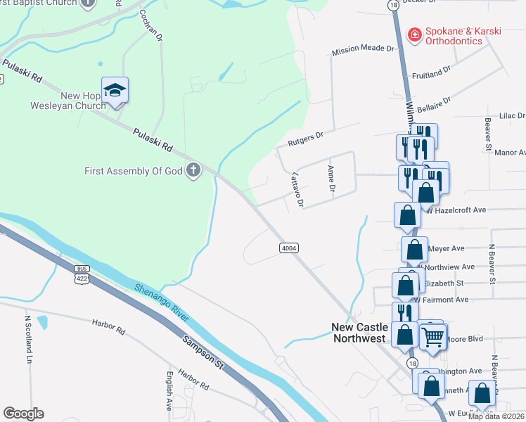 map of restaurants, bars, coffee shops, grocery stores, and more near 1821 Pulaski Road in New Castle