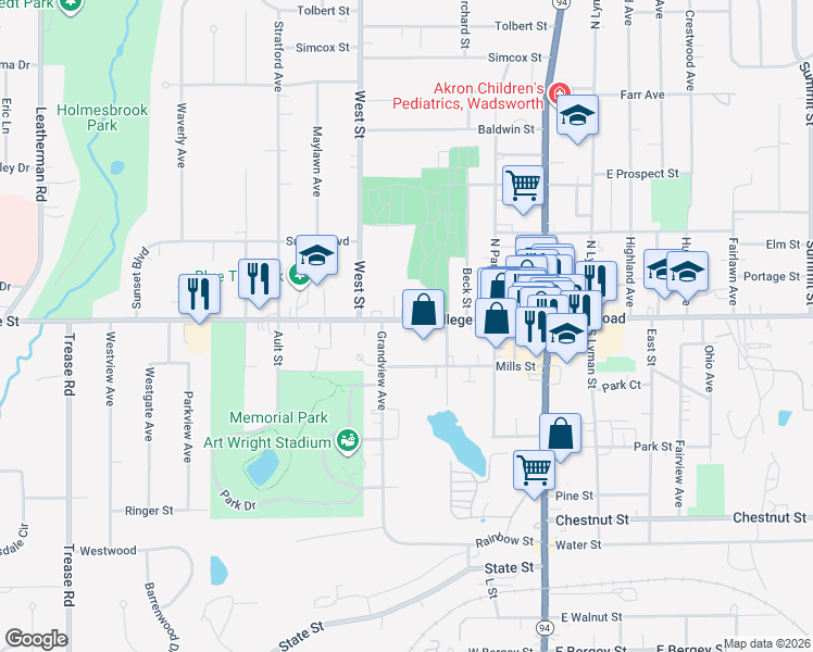 map of restaurants, bars, coffee shops, grocery stores, and more near 247 College Street in Wadsworth