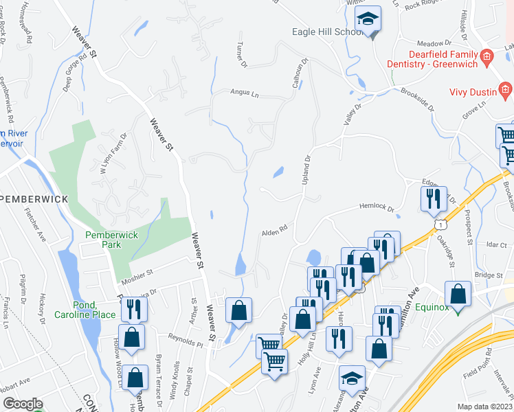map of restaurants, bars, coffee shops, grocery stores, and more near 18 Flower Lane in Greenwich