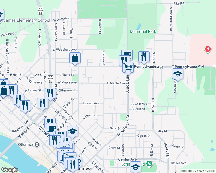 map of restaurants, bars, coffee shops, grocery stores, and more near 742-760 N Green St in Ottumwa