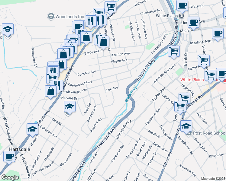 map of restaurants, bars, coffee shops, grocery stores, and more near 10 Jackson Avenue in White Plains