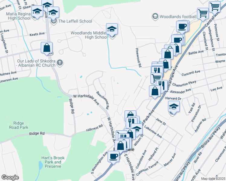map of restaurants, bars, coffee shops, grocery stores, and more near 19 Wildwood Road in Hartsdale