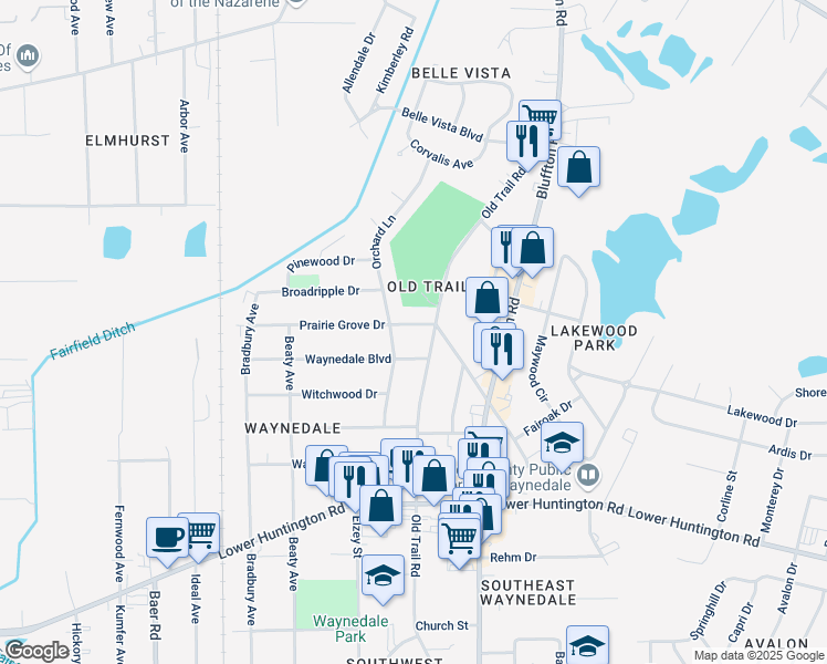 map of restaurants, bars, coffee shops, grocery stores, and more near 6308 Old Trail Rd in Fort Wayne