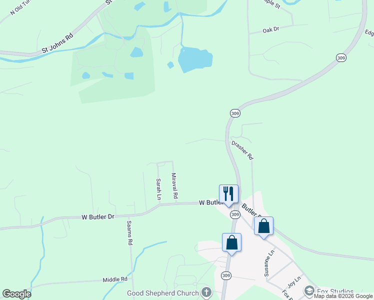 map of restaurants, bars, coffee shops, grocery stores, and more near 58 North Hunter Highway in Drums