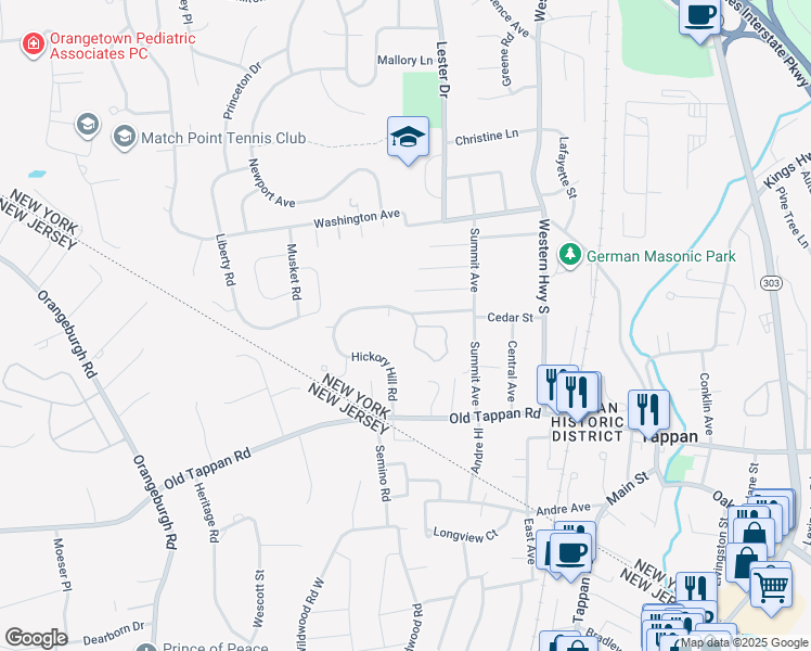 map of restaurants, bars, coffee shops, grocery stores, and more near 5 Hickory Hill Lane in Tappan