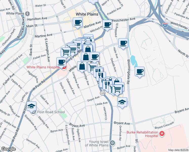 map of restaurants, bars, coffee shops, grocery stores, and more near 309 Mamaroneck Avenue in White Plains