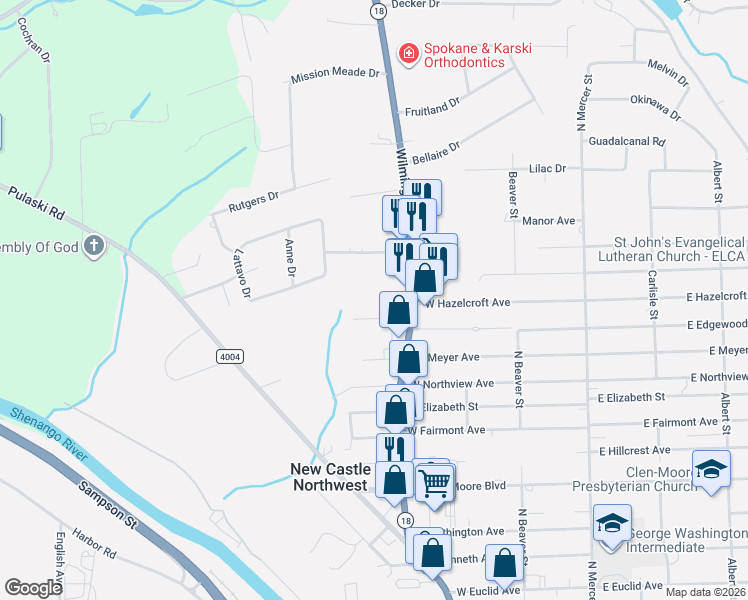 map of restaurants, bars, coffee shops, grocery stores, and more near 302 Orlando Avenue in New Castle