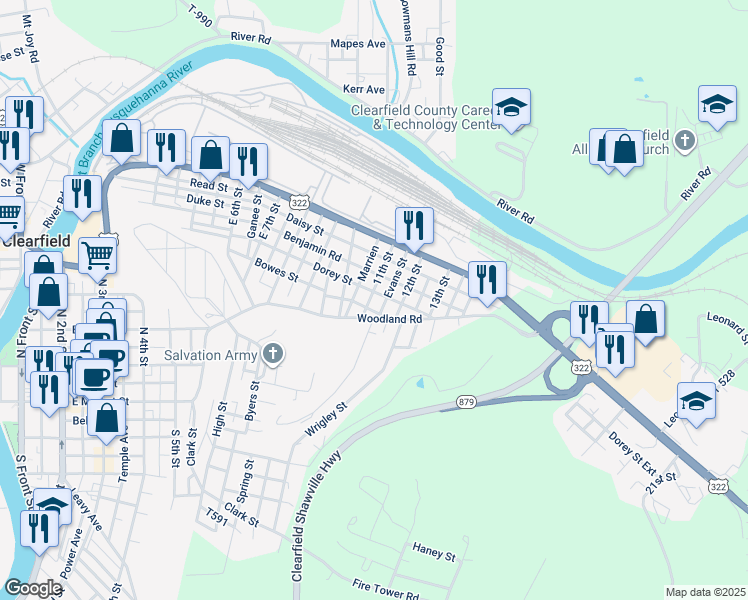 map of restaurants, bars, coffee shops, grocery stores, and more near 1101 Dorey Street in Clearfield