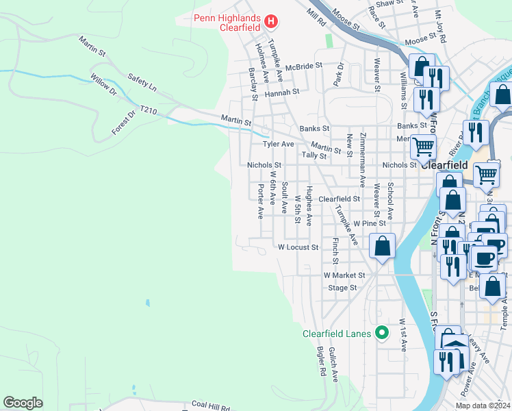 map of restaurants, bars, coffee shops, grocery stores, and more near 720 Clearfield Street in Clearfield