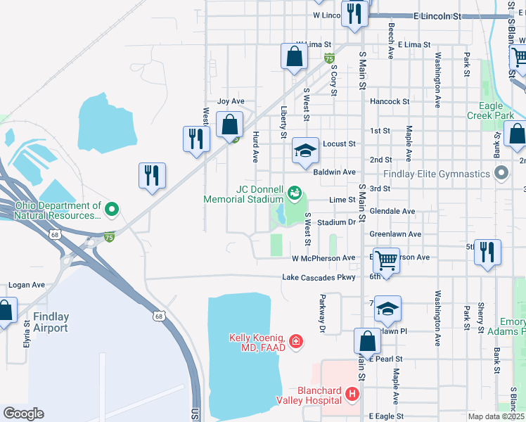 map of restaurants, bars, coffee shops, grocery stores, and more near 1321 Hurd Avenue in Findlay