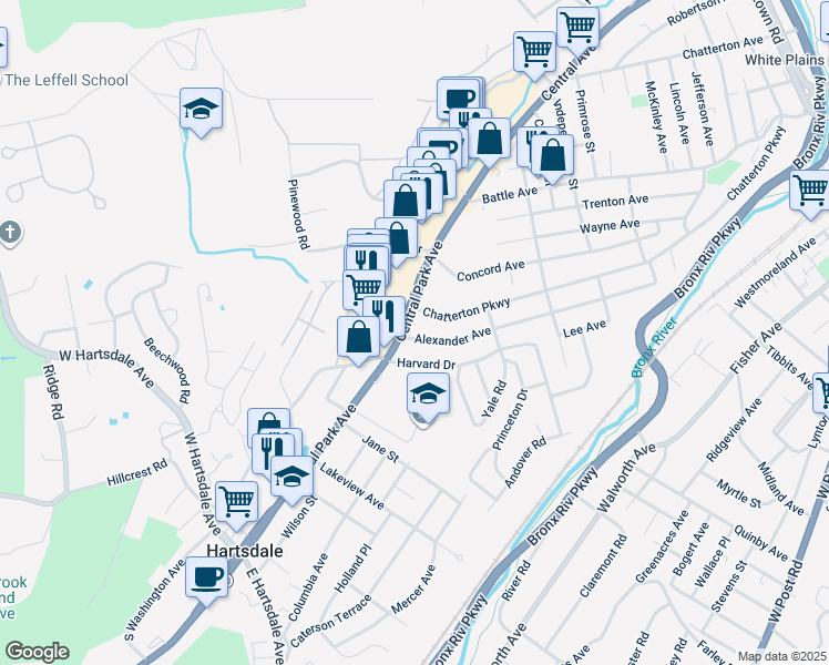 map of restaurants, bars, coffee shops, grocery stores, and more near 181 Alexander Avenue in Hartsdale