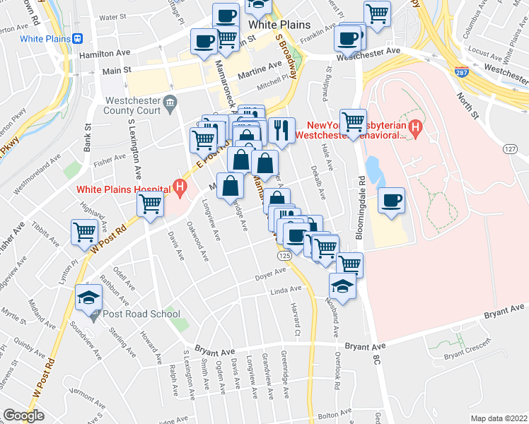 map of restaurants, bars, coffee shops, grocery stores, and more near 300 Mamaroneck Avenue in White Plains