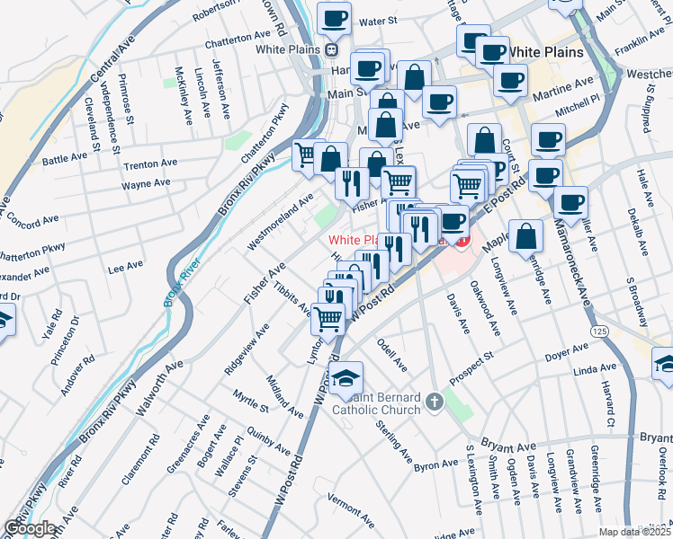 map of restaurants, bars, coffee shops, grocery stores, and more near 6 Nutgrove Street in White Plains