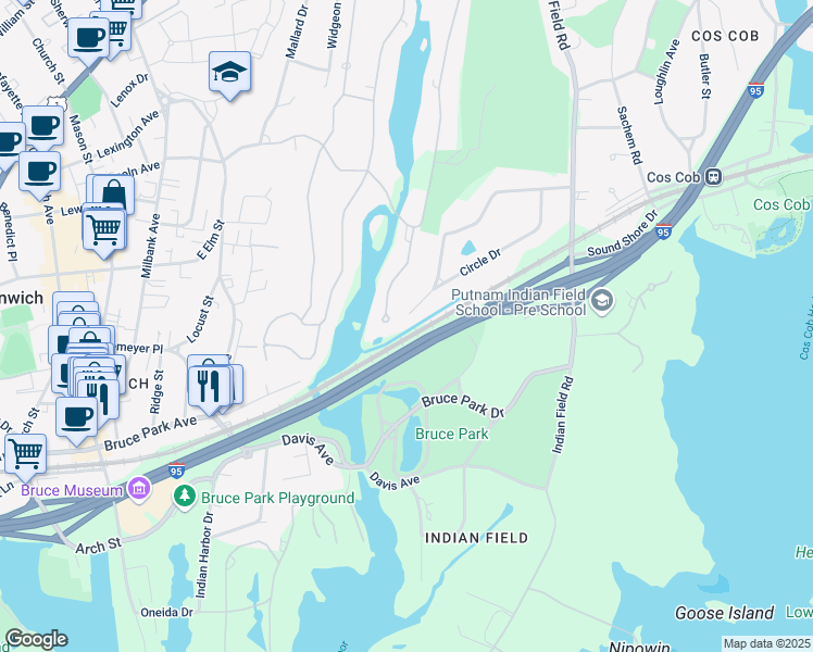 map of restaurants, bars, coffee shops, grocery stores, and more near 146 Woodside Drive in Greenwich