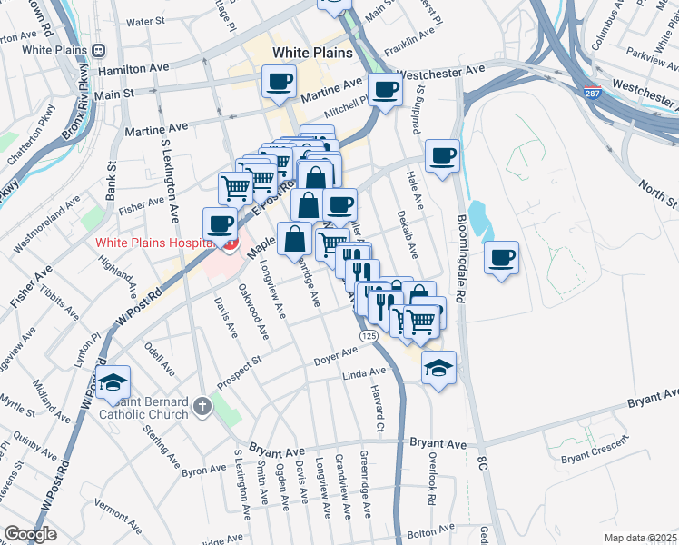 map of restaurants, bars, coffee shops, grocery stores, and more near 300 Mamaroneck Avenue in White Plains