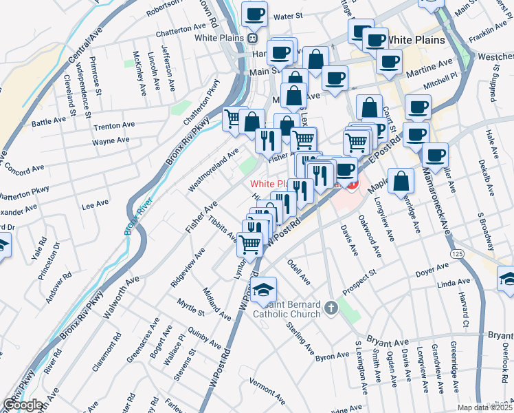 map of restaurants, bars, coffee shops, grocery stores, and more near 6 Nutgrove Street in White Plains