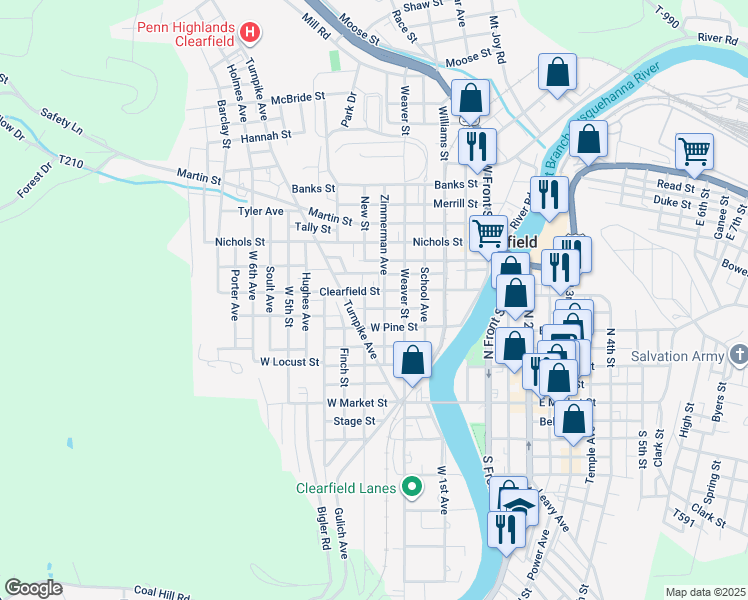 map of restaurants, bars, coffee shops, grocery stores, and more near 316 Clearfield Street in Clearfield