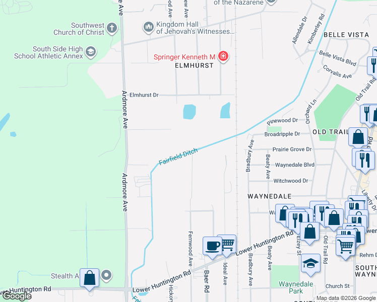 map of restaurants, bars, coffee shops, grocery stores, and more near in Fort Wayne
