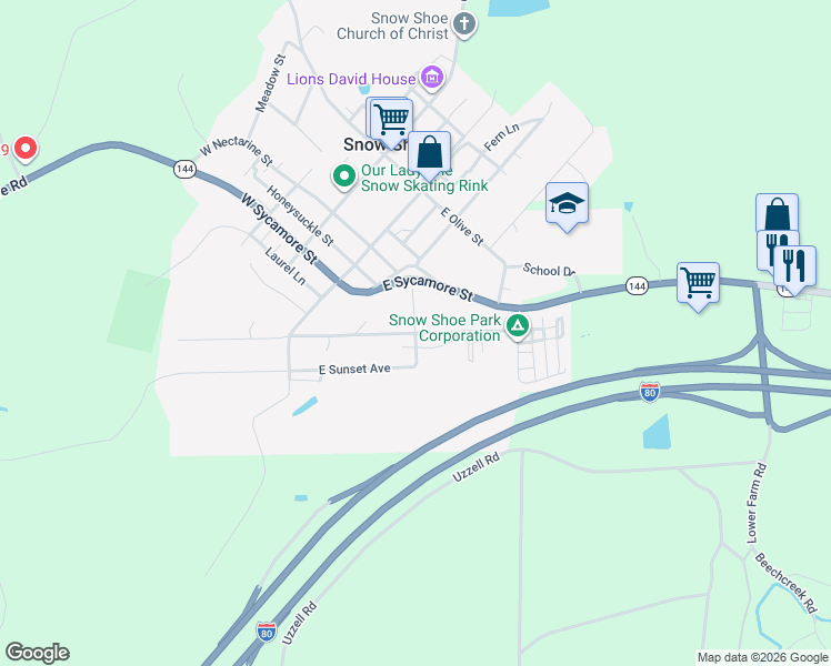 map of restaurants, bars, coffee shops, grocery stores, and more near 400 6th Saint Exd in Snow Shoe