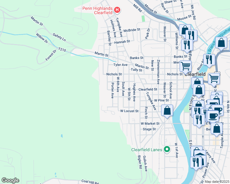 map of restaurants, bars, coffee shops, grocery stores, and more near 232 West 6th Avenue in Clearfield
