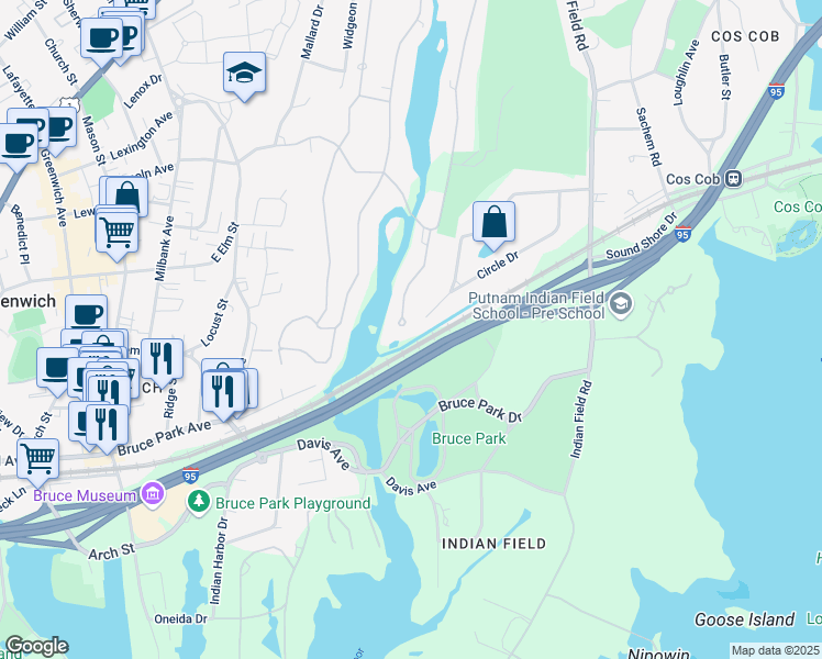 map of restaurants, bars, coffee shops, grocery stores, and more near 146 Woodside Drive in Greenwich