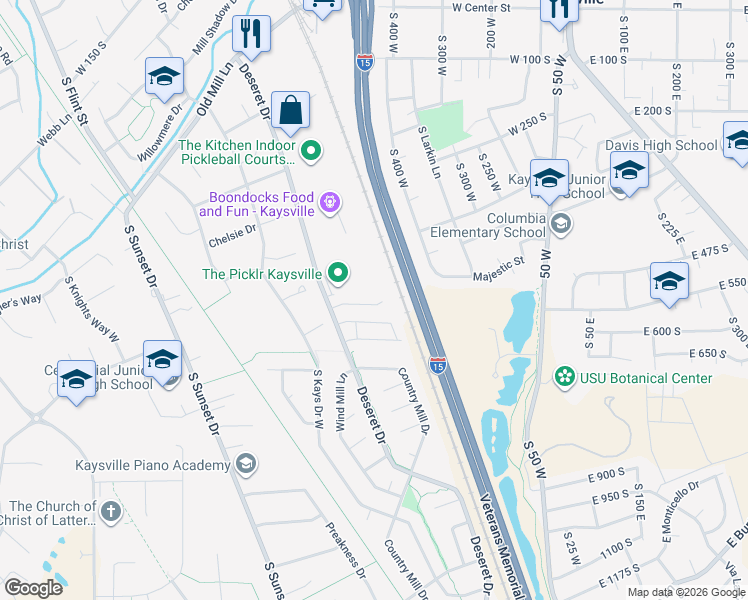 map of restaurants, bars, coffee shops, grocery stores, and more near 460 Country Mill Drive in Kaysville