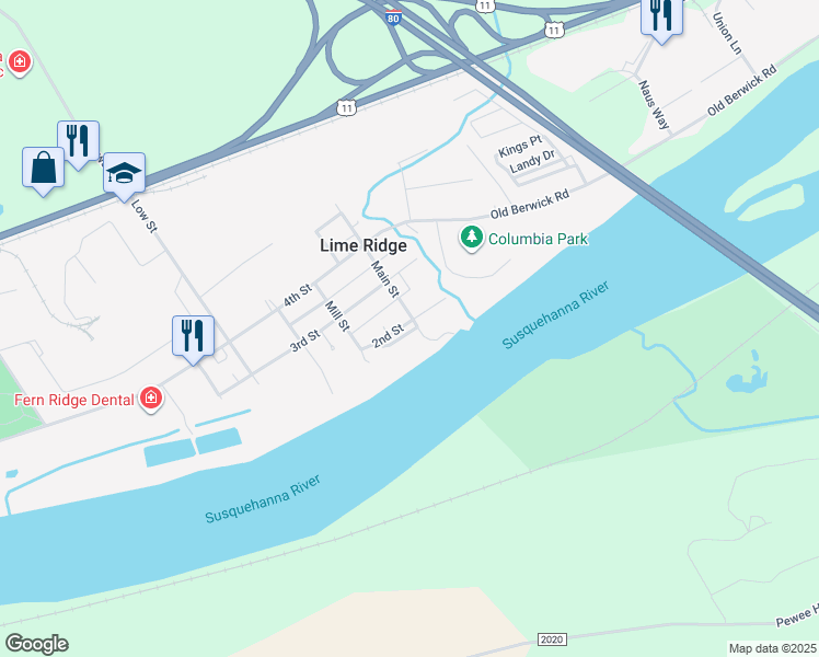 map of restaurants, bars, coffee shops, grocery stores, and more near 6540 1st St in Bloomsburg