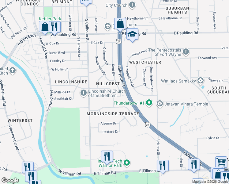 map of restaurants, bars, coffee shops, grocery stores, and more near 302-310 Dunbar Lane in Fort Wayne