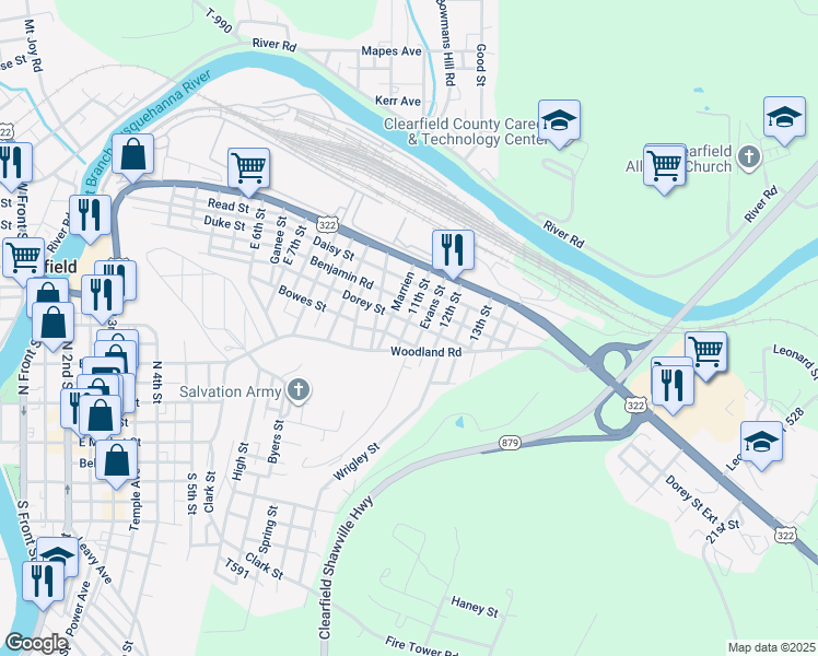 map of restaurants, bars, coffee shops, grocery stores, and more near 1101 Dorey Street in Clearfield