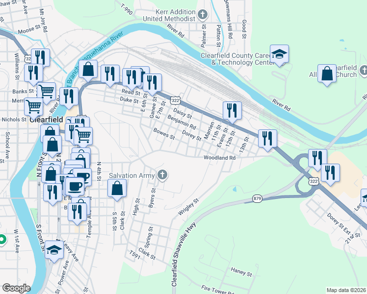 map of restaurants, bars, coffee shops, grocery stores, and more near 900-950 Cemetery Rd in Clearfield