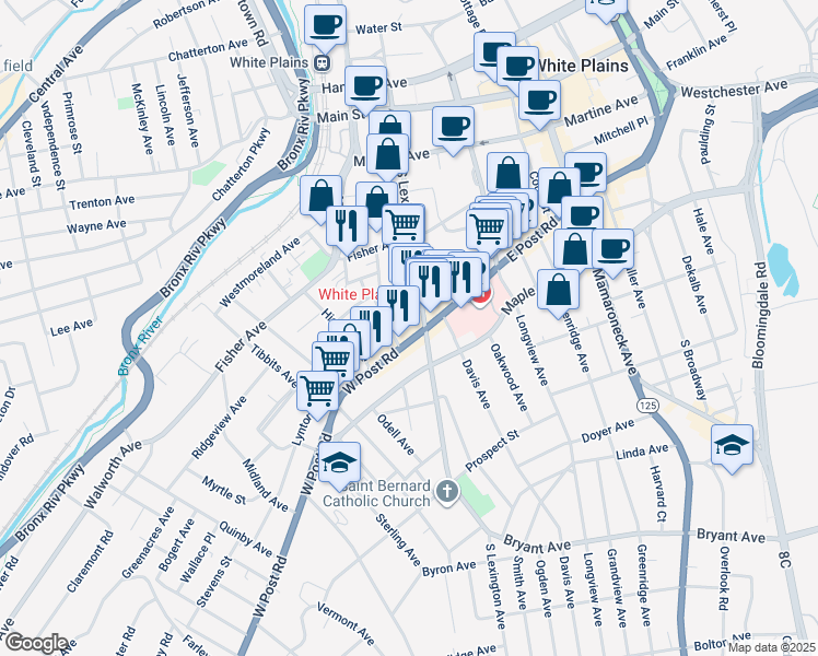 map of restaurants, bars, coffee shops, grocery stores, and more near 25 West Post Road in White Plains
