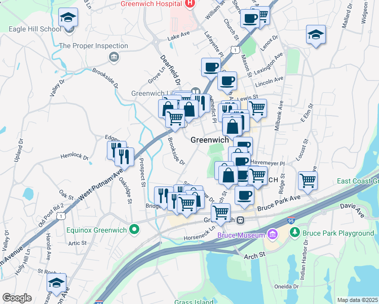 map of restaurants, bars, coffee shops, grocery stores, and more near in Greenwich