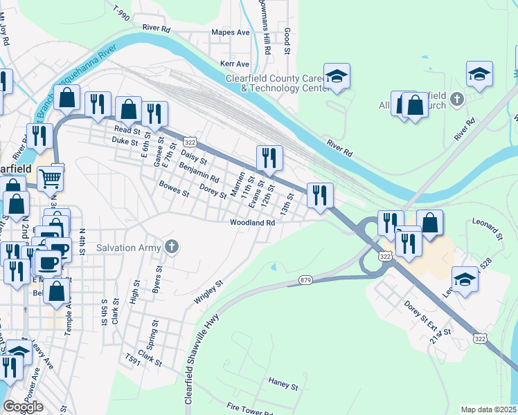 map of restaurants, bars, coffee shops, grocery stores, and more near 1124 Dorey Street in Clearfield