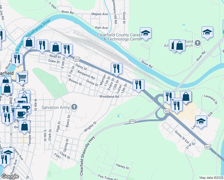 map of restaurants, bars, coffee shops, grocery stores, and more near 1124 Dorey Street in Clearfield