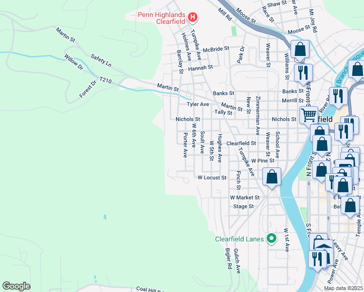 map of restaurants, bars, coffee shops, grocery stores, and more near 720 Clearfield Street in Clearfield