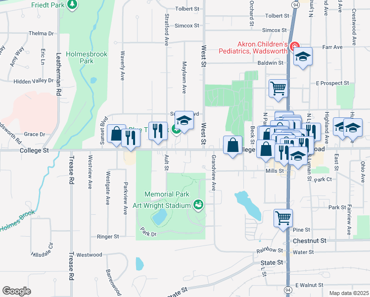 map of restaurants, bars, coffee shops, grocery stores, and more near 348 College Street in Wadsworth