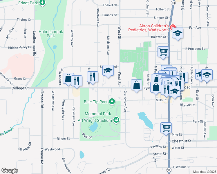 map of restaurants, bars, coffee shops, grocery stores, and more near 348 College Street in Wadsworth