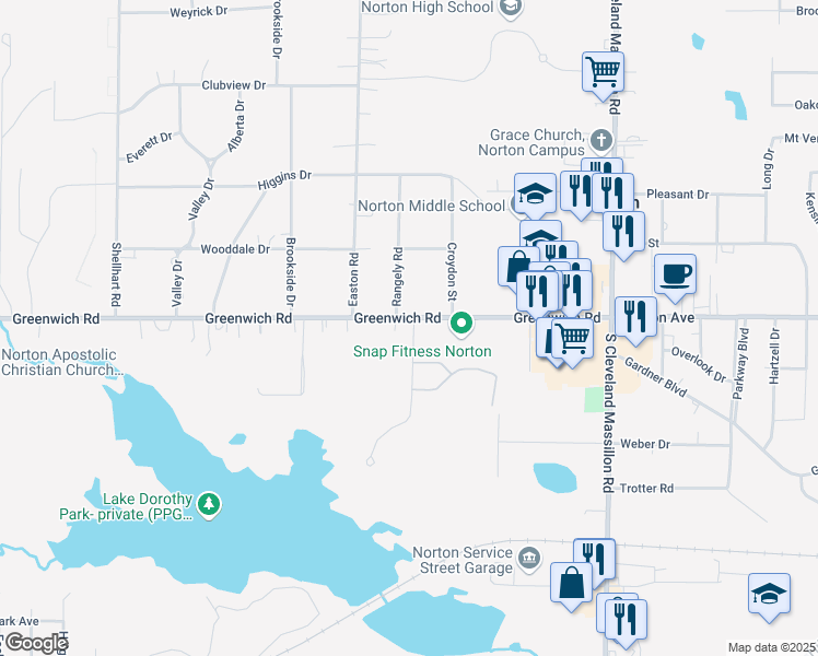 map of restaurants, bars, coffee shops, grocery stores, and more near 3346 Columbia Woods Drive in Norton