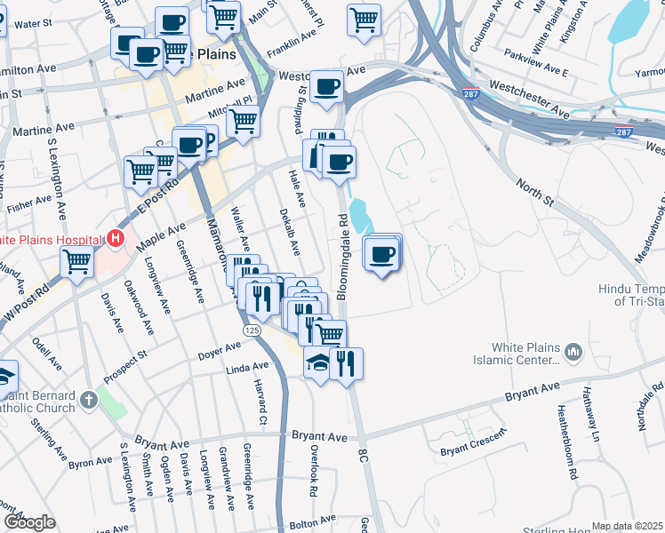 map of restaurants, bars, coffee shops, grocery stores, and more near 200 Bloomingdale Rd in White Plains