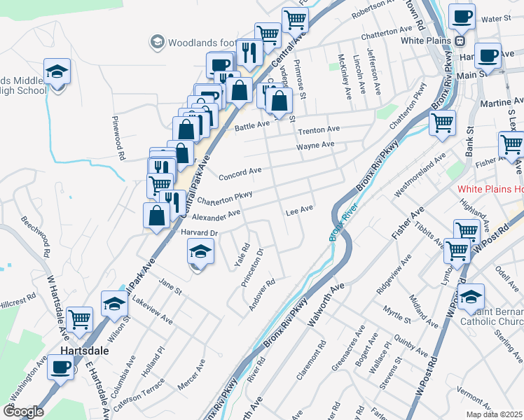 map of restaurants, bars, coffee shops, grocery stores, and more near 99 Harvard Drive in Hartsdale