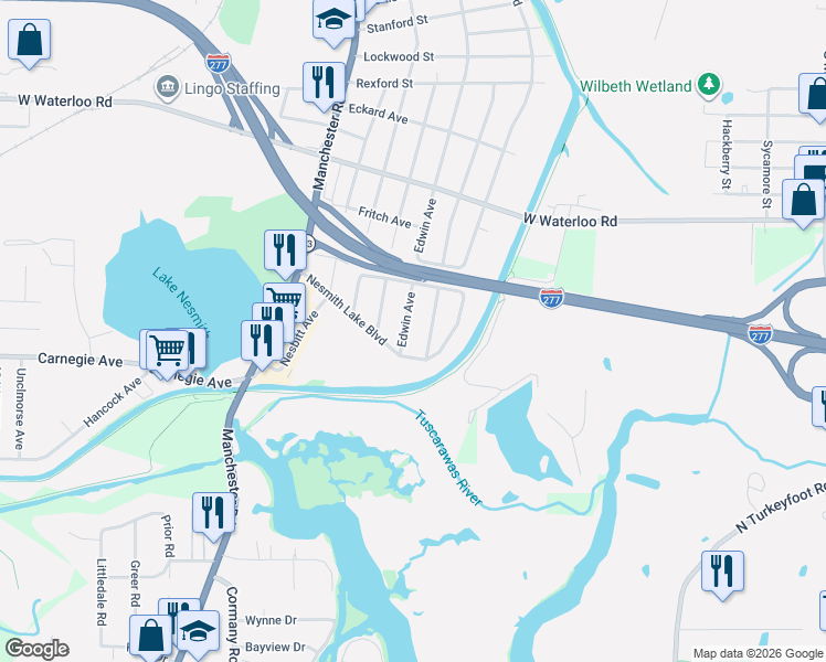 map of restaurants, bars, coffee shops, grocery stores, and more near 2764 Nesmith Lake Boulevard in Akron