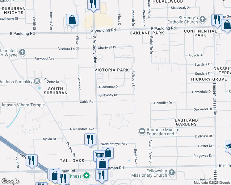 map of restaurants, bars, coffee shops, grocery stores, and more near 1932 Embassy Drive in Fort Wayne