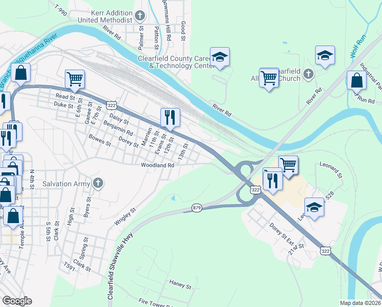 map of restaurants, bars, coffee shops, grocery stores, and more near Bloom St in Clearfield